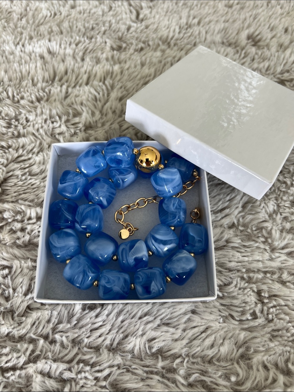 Chunky Blue Resin Bead Necklace with Gold Accents